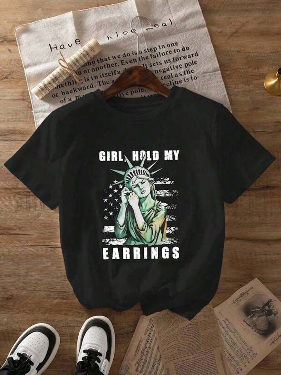 Una camiseta de mujer de manga corta, holgada, moderna, a la moda, retro y elegante, adecuada para actividades al aire libre en primavera y verano, con divertidos estampados, un top casual de cuello redondo para verano y primavera, camiseta de mujer.blusas para mujer,blusas casuales para dama,tops,, mujer premium,y2k,playeras de mujer curvy,ofertas y liquidaciones ropa mujer,playeras deportivas para mujer,,playeras de hombre, mujer,blusas>elegante 57AQ - Negro - Ver 1