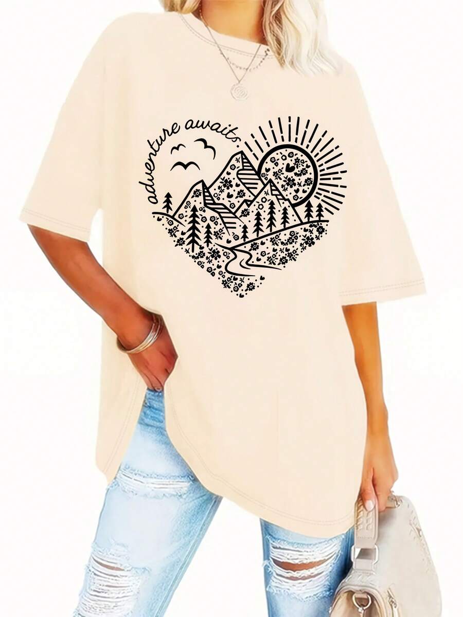 Camiseta de talla grande, cuello redondo, manga corta, con estampado floral y de corazones. Camiseta de algodón, blusas elegantes para dama. - Albaricoque - Ver 1