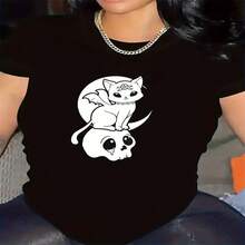 Women's Goth Cute Bat Wing Kitten On Crying Skull Graphic Cotton Short Sleeve Round Neck T-Shirt, Casual & Sexy Regular Fit Top - 黑色 - 查看 1