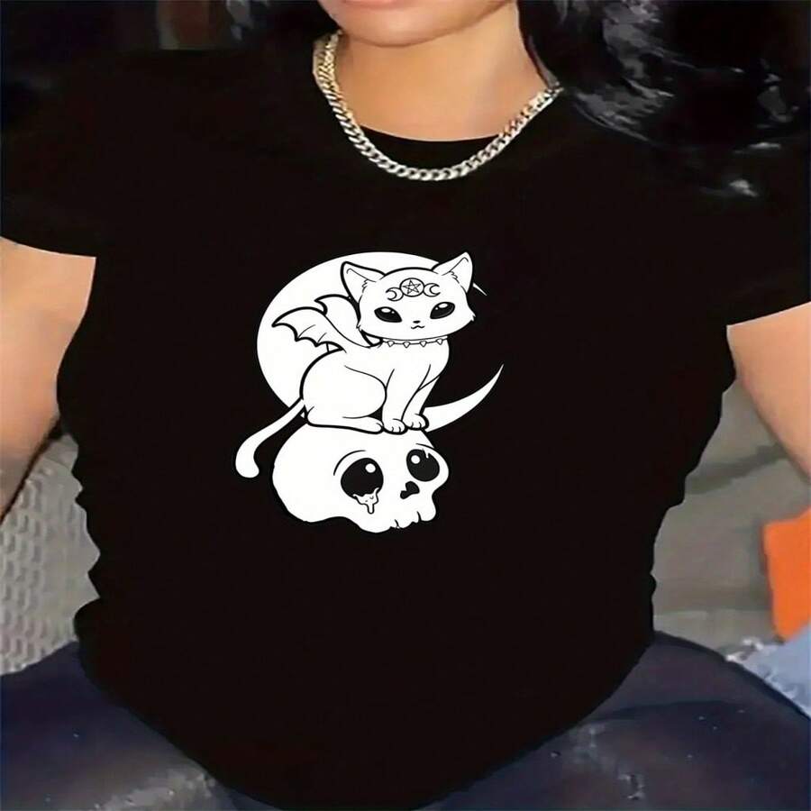Women's Goth Cute Bat Wing Kitten On Crying Skull Graphic Cotton Short Sleeve Round Neck T-Shirt, Casual & Sexy Regular Fit Top - 黑色 - 查看 1