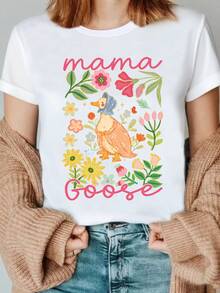 1 pieza de camiseta con estampado floral de "madre ganso", camiseta de "madre ganso", camiseta para el Día de la Madre, camiseta con estampado de "madre ganso" con pañuelo para la cabeza, camiseta para anunciar el embarazo, ropa de club para mujer, ropa femenina asequible y bonita, camiseta cómoda para todas las estaciones, 180g 100% algodón. - Blanco - Ver 12