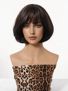 10 Inch Short Wavy Bob Wig With Bangs, Black Brown Color, Women's Straight Synthetic Fiber Wig, Heat Resistant For Daily, Office, Party, Halloween, Christmas, Thanksgiving, Wedding, Dance, Date, Birthday, Vacation. High-Quality Synthetic Fiber, Realistic Hair Texture, Natural And Comfortable, Suitable For Bangs And Short Bob Style. - Brown - View 2