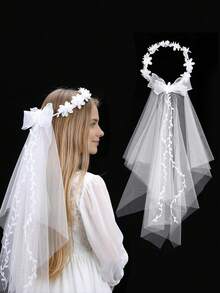 1pc First Holy Communion Headpiece For Girls, White Flower Headband Veil Crown Headpiece With Bow, Pearl Hair Accessory For Wedding - White - View 1