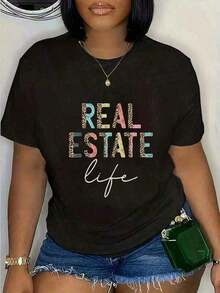 Vintage Leopard Print Graphic T-Shirt For Real Estate Agents, Investors, And Brokers - Crew Neck Short Sleeve T-Shirt - Cute Graphic Tees For Women,  Summer Clothes For Women - 黑色 - 查看 1
