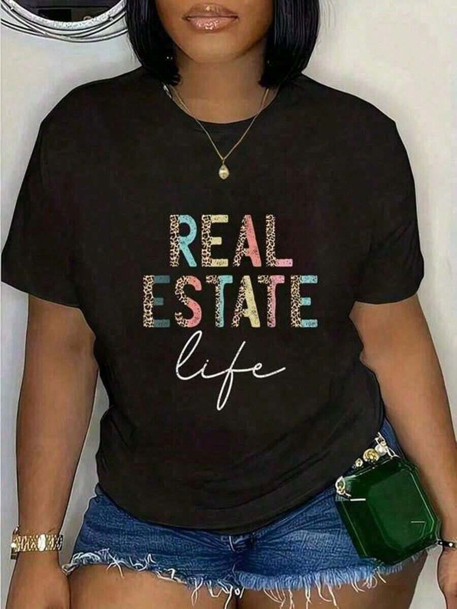 Vintage Leopard Print Graphic T-Shirt For Real Estate Agents, Investors, And Brokers - Crew Neck Short Sleeve T-Shirt - Cute Graphic Tees For Women, Summer Clothes For Women - 黑色 - 查看 1