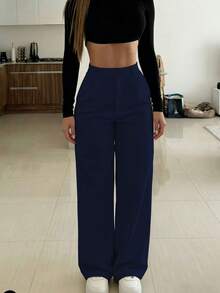 Quiet Luxury Navy Blue High-Waist Pleated Wide Leg Pants For Women, Woven Non-Stretch Draping Anti-Wrinkle All-Season Commute Long Pants - Blue - View 6