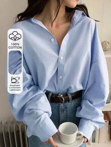 Camisa casual de mujer de un solo pecho de manga larga con hombros caídos y unicolor - Gris - Ver 12
