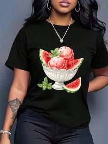 Camiseta Boho Chic Oversized para Mujeres - Top de Manga Corta con Estampado de Rodaja de Sandía Blanca y Hojas, Blusa Casual de Verano de Cuello Redondo y Ajuste Holgado, Transpirable 200gsm para Atuendos de Playa, Picnic y Vestimenta Casual con Estampado de Arte Único, Temporada de Primavera/Verano, Sin Relleno, Estilo Pullover, Ajuste Relajado, Diseño de Sandía Juguetón, Artículo de Almacén Local para Mujeres, Top y Blusa para Mujeres, Ropa de Mujeres de Almacén Local, Camiseta de Cuello en V para Mujeres, Top de Verano para Mujeres, Camisa de Otoño para Mujeres, Top Blanco para Mujeres, DamaSuitable for women100% Cotton - Negro - Ver 2