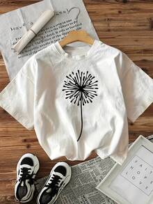 Camiseta Casual Esencial con Estampado de Diente de León, Manga Corta, Cuello Redondo, Algodón Suave para Uso Diario - Blanco - Ver 3