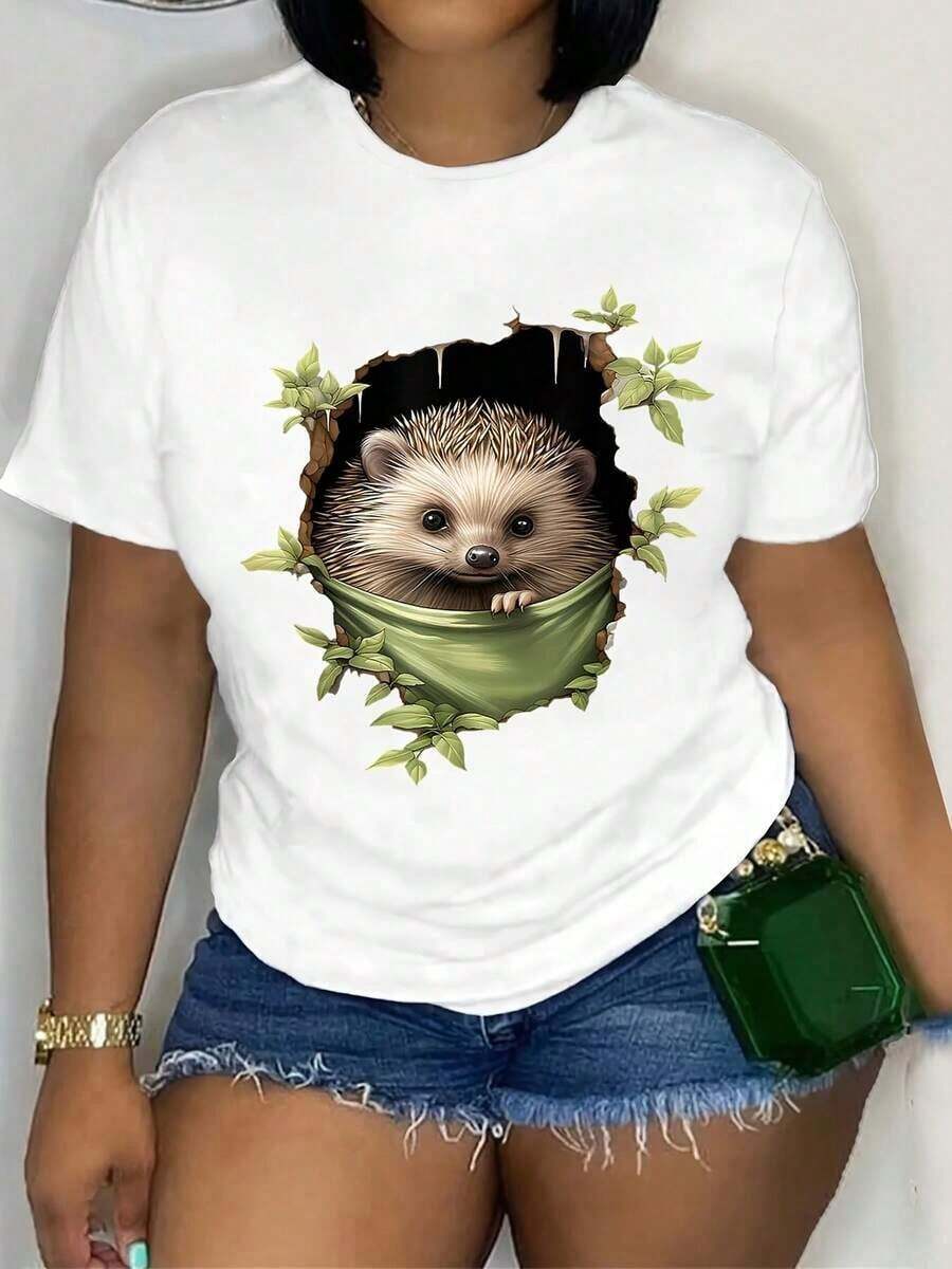 Women's Casual Short Sleeve Crew Neck T-Shirt - Green Hedgehog Peeking Through A Hole In A Tree And Leaves Print, Dark Grey Semi-Sheer Top For Summer And Spring, Machine Washable Wild Animal Design T-Shirt, Women's T-Shirts. - 白色 - 查看 1