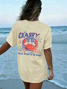 Women's 100% Cotton Graphic Graphic T-Shirt With Double Print "If I'm In A Bad Mood, Please Go Back To The Beach" And "Salty", Casual And Oversized Summer Style | Summer Clothes | Holiday Outfits Pure Cotton T-Shirt 100% Cotton 100% Cotton - 杏色 8 - 查看 4