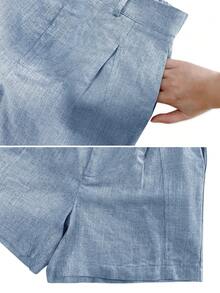 Women's Casual Linen Blend Pleated Design Side Pocket A-Line Shorts, Spring/Summer - Dusty Blue - View 6