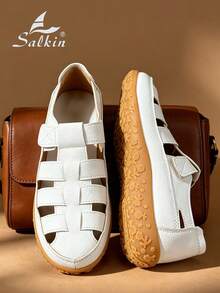 Salkin Fashionable Retro Summer Women's Sandals, Hook And Loop Solid Color Simple Open Toe, Bring Comfortable Outdoor Feeling, Flat Sandals With Affordable High-End Feel, Leather Ballet Flats, Size Runs Small, Suggest Ordering One Size Up, Summer Back To School Shoes, College Style, Non-Slip Durable Casual Outdoor Walking Shoes For Women, Soft Comfortable Leather, Suitable For Jeans, Skirts, Holiday Gift, Vacation Style - White - View 8