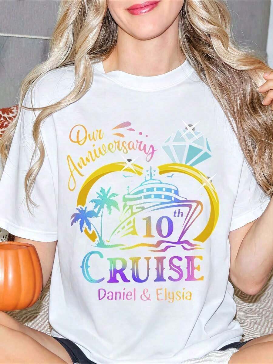 Women's Cruise Anniversary T-Shirt With Custom 10th Cruise Anniversary Design, Including A Ship, Palm Trees, Diamonds And The Names Daniel And Elysia Printed On A Soft And Comfortable Fabric, Crew Neck And Short Sleeve. - 白色 - 查看 1