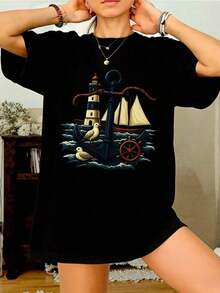 Women's Casual Summer Short-Sleeve Cotton T-Shirt With A Relaxed Fit, Featuring A Graphic Print Of A Lighthouse, Anchor, And Boat. It Has A Round Neck And Is Perfect For Everyday Wear. These T-Shirts Make Excellent Gifts For Friends And Family. They Are 100% Cotton With A Youthful And Modern Design. Casual Blouses For Women. - 黑色 - 查看 6