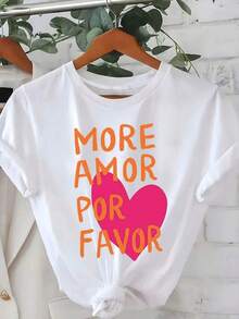 Camiseta de Mujer "MORE AMOR POR FAVOR" - Blanca, Casual, de Manga Corta y Cuello Redondo, con Corazón Rosa y Letras Naranjas, Ligera, para Verano, para Estudiantes de Español, Ropa de Primavera/Veranoblusas para mujer>ropa - Blanco - Ver 2
