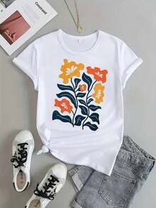 Camisa Estampada con Flores para Mujer, Camisa Casual Estampada, Cuello Redondo, Manga Corta, Camiseta, Ropa de Mujerblusas para mujer>ropa - Blanco - Ver 4
