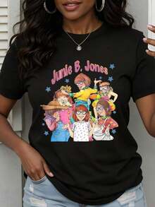 Women's Cotton T-Shirts Featuring Junie B. Jones Characters For Women And Girls, With Adorable Cartoon Characters From The Popular Children's Book Series. Perfect For Junie B. Jones Fans. A Great Gift Idea For Birthdays Or Holidays. Women's Basic Blouses. - 黑色 - 查看 7