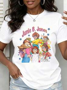 Women's Cotton T-Shirts Featuring Junie B. Jones Characters For Women And Girls, With Adorable Cartoon Characters From The Popular Children's Book Series. Perfect For Junie B. Jones Fans. A Great Gift Idea For Birthdays Or Holidays. Women's Basic Blouses. - 白色 - 查看 1