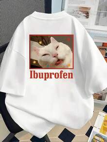New Short-Sleeved T-Shirt, 180g, % Cotton, With Front And Back Prints - Cat Expressions, Cartoon Illustrations - Fashionable Printed T-Shirt For Women, Spring/Summer, Suitable For All Seasons,  Clothing - Can Be Worn As A Base Layer In Spring And Autumn Or Alone In Summer, Unisex. - 白色 - 查看 2