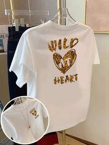 Women's  And Attractive Short-Sleeved T-Shirt, 100% Cotton, Loose Fit, WILD HEART Leopard Print Heart Design, Breathable Casual Top, For Everyday Summer Wear, With Letter Print, Fashionable Short-Sleeved T-Shirt For Summer Beach For Adult Women, Breathable Fabric, Suitable For Back To School Season, Outdoor Wear, Ideal Gift. - 白色 - 查看 1