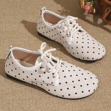 Women's Polka Dot Lace-Up Flat Casual Shoes, Soft Bottom Round Toe Breathable Retro Daily Loafers - Beige - View 15