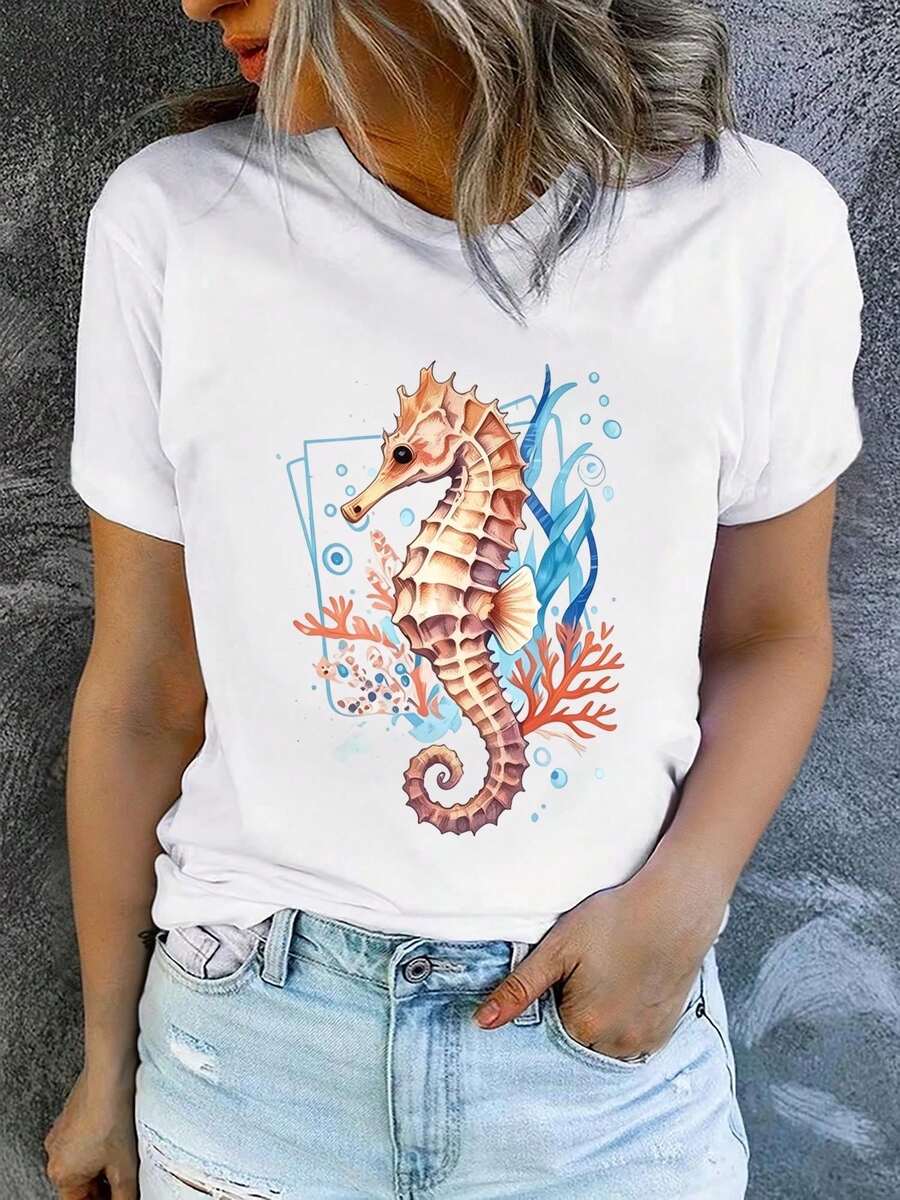 Camiseta de manga corta con cuello redondo para mujer, estampada, moderna y casual, lavable a máquina, ajuste cómodo, estampado plano 2D Blusas Para Mujer Casual. - Blanco - Ver 1