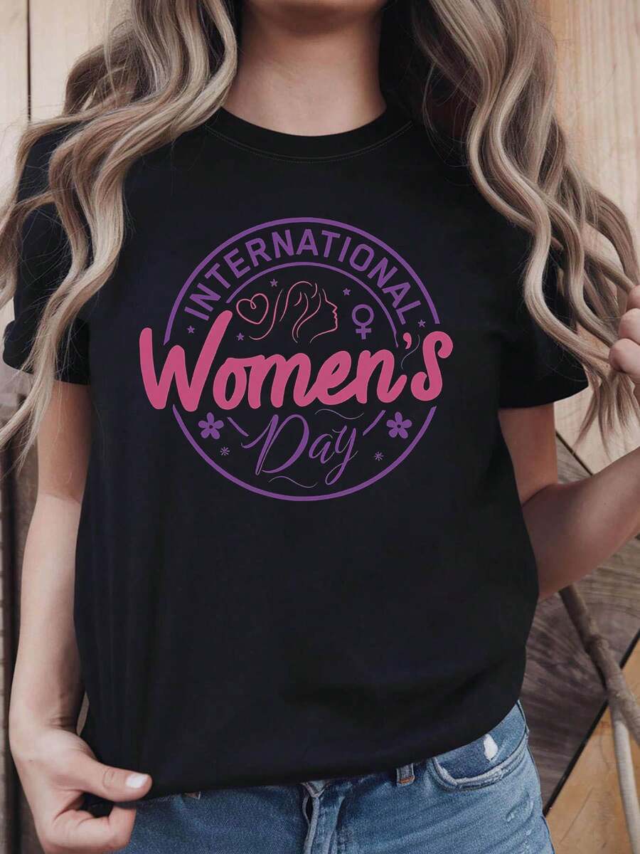 Women's Day Silhouette Design T-Shirt, Featuring A Feminine Silhouette Decoration And Heart Slogan, Casual Short Sleeves, Soft Festive Style In Pink And Purple For Women's Day Events - Unisex Cotton Loose Fit Short Sleeve Crew Neck T-Shirt, Urban Vintage Style. - 黑色 - 查看 1
