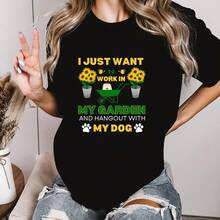 Modern T-Shirt With Letter Prints, Sunflower And Gardening Graphic Design, Casual Short Sleeve T-Shirt For Dog Lovers, Gift For Gardeners, Gift For Plant Lovers - Vintage Urban Style, Unisex, Cotton, Short Sleeve, Crew Neck, Loose Fit - 黑色 - 查看 6