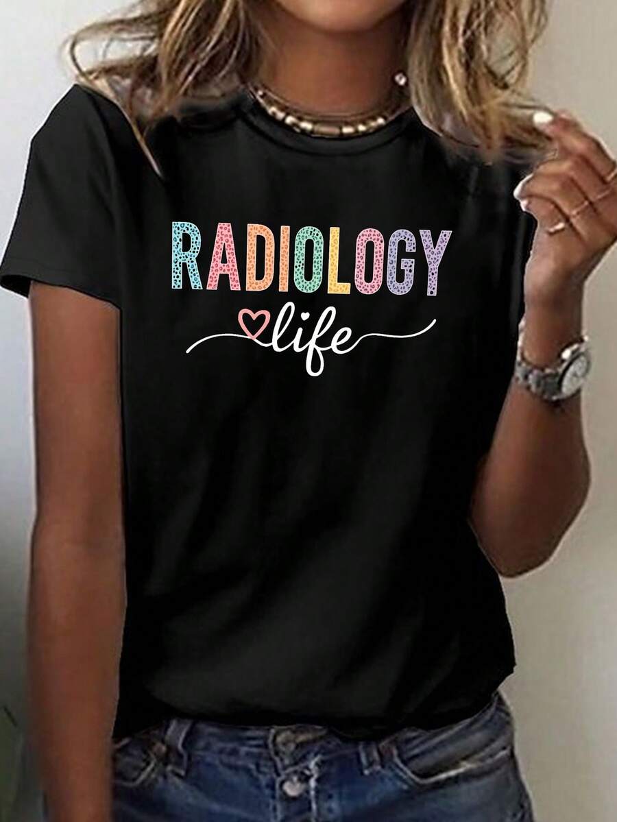 Leopard Print T-Shirt For Radiology Students, Casual Short Sleeve Round Neck Top, Suitable For Summer And Spring, Women's Clothing, Blouses For Women. - 黑色 - 查看 1