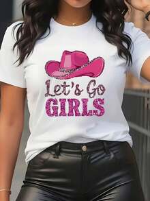 Women's Short Sleeve T-Shirt With  Vibrant Y2K Print - Pink Cowboy Hat Graphic Design And Lettering, Easy To Match Casual Crew Neck Top For Summer Dates, Breathable And Comfortable, Mix And Match, Suitable For All Seasons, Multiple Colors And Sizes Available - 白色 - 查看 1