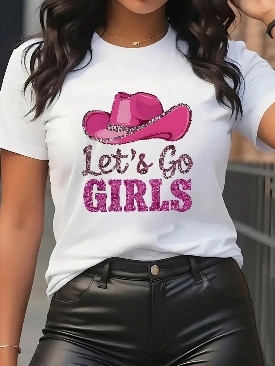 Women's Short Sleeve T-Shirt With  Vibrant Y2K Print - Pink Cowboy Hat Graphic Design And Lettering, Easy To Match Casual Crew Neck Top For Summer Dates, Breathable And Comfortable, Mix And Match, Suitable For All Seasons, Multiple Colors And Sizes Available - 白色 - 查看 1