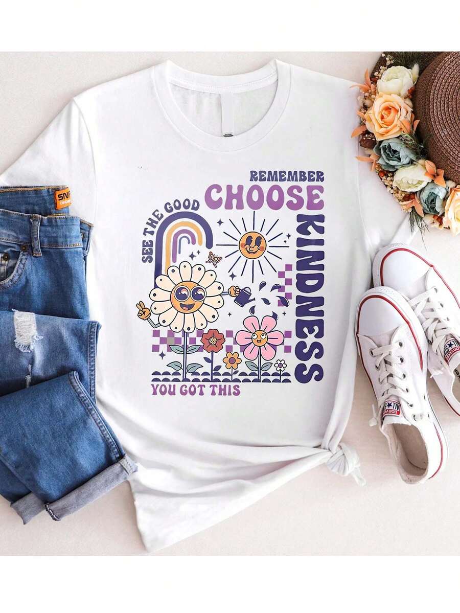 Camiseta estampada de alta gama para mujer, camiseta blanca pura para mujer | Impresionante y hermoso diseño floral colorido, un cálido recordatorio. | Estilo casual, adecuado para todas las estaciones. - Blanco - Ver 1