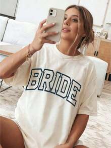 New 2026 Collection: Cotton T-Shirt For Bride, Minimalist T-Shirt For Bride, Wedding, Bachelorette Party, Aesthetic T-Shirt For Bride 3XL, Classic Thick Cotton Short Sleeve Graphic Print T-Shirt For Bachelorette Party, Casual Short Sleeve Top For Women, Short Sleeve Sports T-Shirt. - 杏色 - 查看 4