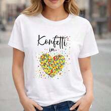 Women's Confetti Heart Print Cotton Cami, Sizes, Casual Graphic Cami, Short Sleeve Crew Neck, Soft And Breathable Cotton Blouse, Loose Fit Everyday Top, Colorful Confetti Design Cami For Women. - 白色的 - 查看 6