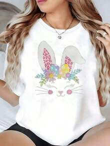 Happy Easter Gift! Lightweight Cheerful Bunny With Pink Ears And A Flower Crown Symbolizing Tenderness And Positive Energy For Every Day. Women's T-Shirt, 100% Soft And Comfortable Cotton, Ideal For Looking Cheerful. Wishing You Peace, Love And Joy. - 白色的 - 查看 1