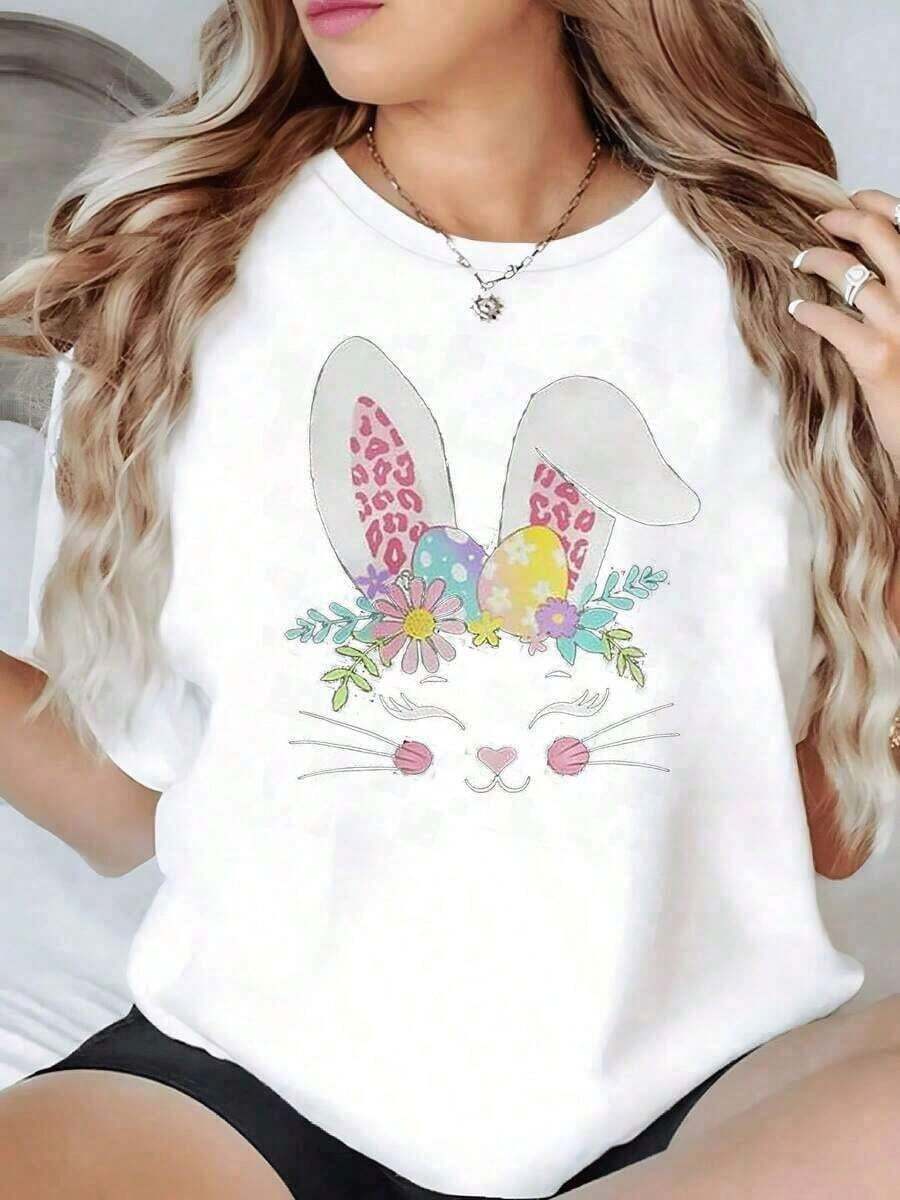 Happy Easter Gift! Lightweight Cheerful Bunny With Pink Ears And A Flower Crown Symbolizing Tenderness And Positive Energy For Every Day. Women's T-Shirt, 100% Soft And Comfortable Cotton, Ideal For Looking Cheerful. Wishing You Peace, Love And Joy. - 白色的 - 查看 1