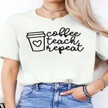 100% Cotton. One Classic And Versatile Piece, Pure Cotton Cropped T-Shirt With A Coffee Print, Perfect For All Seasons. Modern Style. Simple Solid Color Women's T-Shirt, Loose And Fitted Cut, Casual Short Sleeves. - 白色的 - 查看 2