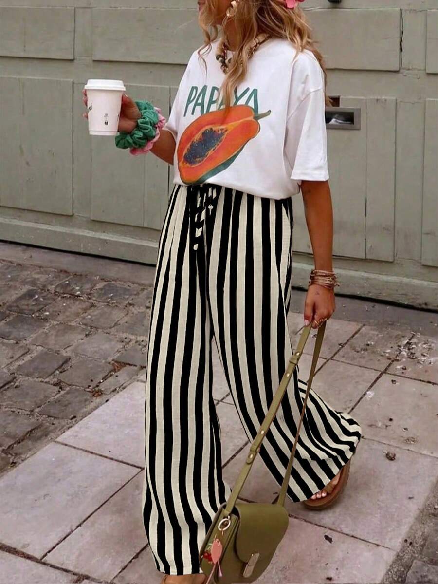 Casual Chic Minimalist Striped Textured Design Loose Fit Everyday Versatile Striped Pants Black - Black - View 1