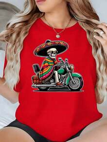 100% Cotton. Skull With Traditional Mexican Hat Riding A Motorcycle While Wearing A Colorful Poncho Symbolizing Adventure And Freedom. Women's T-Shirt, 100% Cotton, 220g. Women's Simple Solid Color T-Shirt, Loose And Slim Fit Casual Short Sleeve - 紅色的 - 查看 11