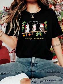 This Women's Printed T-Shirt Featuring The "Ho Ho Ho Laughing Kookaburra Christmas Happy Holiday" Design, Which Showcases Original Australian Festive Elements, Is Perfect For Bird Lovers And Those Who Follow Christmas Styles. - 黑色 - 查看 7