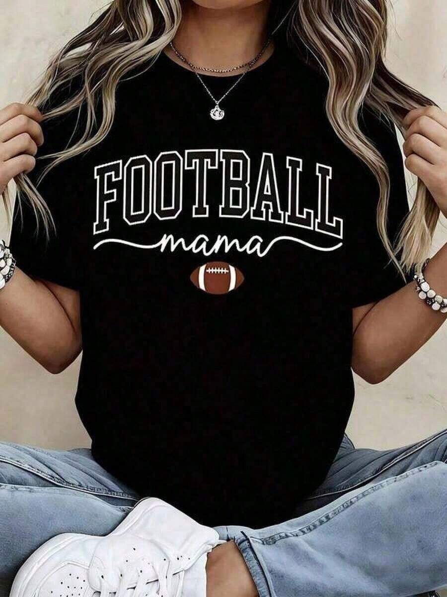 Premium Cotton Graphic T-Shirt, Plus Sizes, "Football Mama" T-Shirt For Women, Casual Short Sleeve Graphic Tee For Football-Facing Moms, Gift For Mom, White, Y2K Style, Oversized T-Shirt, Summer Tops, Minimalist Casual Basic Crew Neck Short Sleeve T-Shirt, Gift Idea - 黑色 - 查看 1