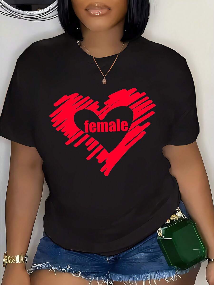 SuaveWomen's Casual Summer T-Shirt For Women - Graphic Print, White, Short Sleeve, Round Neck, Loose Fit, Fashionable Streetwear, Relaxed Fit T-Shirt With Chunky Lettering, Comfortable Fit Shirt, New Arrival - 黑色 - 查看 1