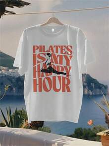 Minimalist Style Short-Sleeved T-Shirt With "Pilatesismyhappy" Text Print For Fitness. Elegant Party Outfit, Stylish Ladies' T-Shirt, Blouses Suitable For Curvy Women, Casual Wear, Cool And Sweat-Free Summer Clothing, Fun Letter Print. - 白色 - 查看 6