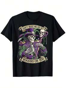Don't Make Me Do Voodoo On You - Cotton Skull Design T-Shirt For Carnival - Unisex, Black, Short Sleeve, Crew Neck, Halloween Themed T-Shirt, Costume Party Outfit | Voodoo Themed Design | Comfortable Pure Cotton T-Shirt, Halloween Costume - 黑色 - 查看 1