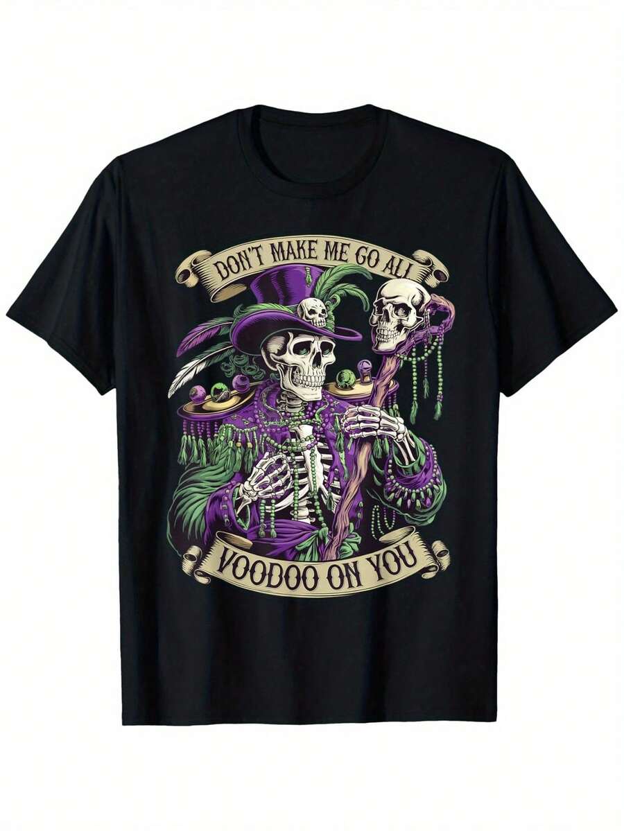 Don't Make Me Do Voodoo On You - Cotton Skull Design T-Shirt For Carnival - Unisex, Black, Short Sleeve, Crew Neck, Halloween Themed T-Shirt, Costume Party Outfit | Voodoo Themed Design | Comfortable Pure Cotton T-Shirt, Halloween Costume - 黑色 - 查看 1