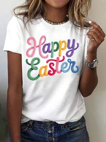 Happy Easter, Printed With The "Happy Easter" Design, Casual Short-Sleeved T-Shirt For Women, Comfortable Fit, Ideal For Matching With Sisters, Essential For Outdoor Travel, Women's T-Shirt, Spring And Summer T-Shirt. - 白色 - 查看 1