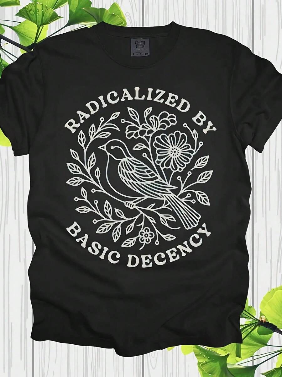 Women's T-Shirt With Round Neck And Bird And Flower Print, Basic And Elegant, Breathable And Casual, Machine Washable, Fashionable And Suitable As A Holiday Gift For Friends And Family, With An Interesting Printed Design. - Black - View 1