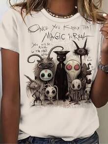 Women's Short-Sleeved T-Shirt With Monster And Letter Print - Putih - View 8