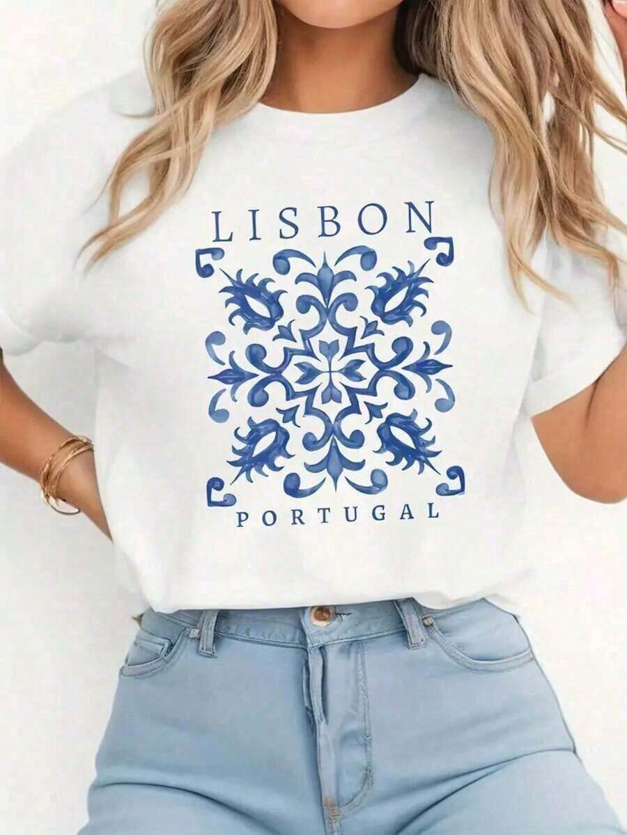1 Piece Of Women's Short-Sleeved T-Shirt With Lisbon, Portugal Print, Round Neck, Casual Style For Spring And Summer, Perfect For Shopping, Holiday Gifts, Meetings With Friends, Showcasing Local Culture, Travel Souvenir Style, 180g, 100% Cotton. - 白色 - 查看 1